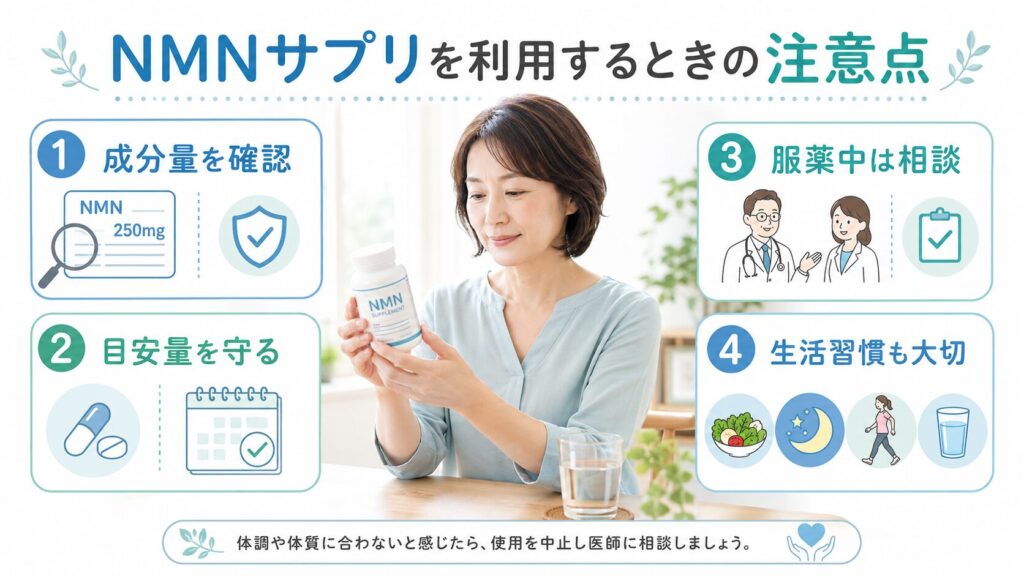 NMNサプリを利用するときの注意点を確認する女性