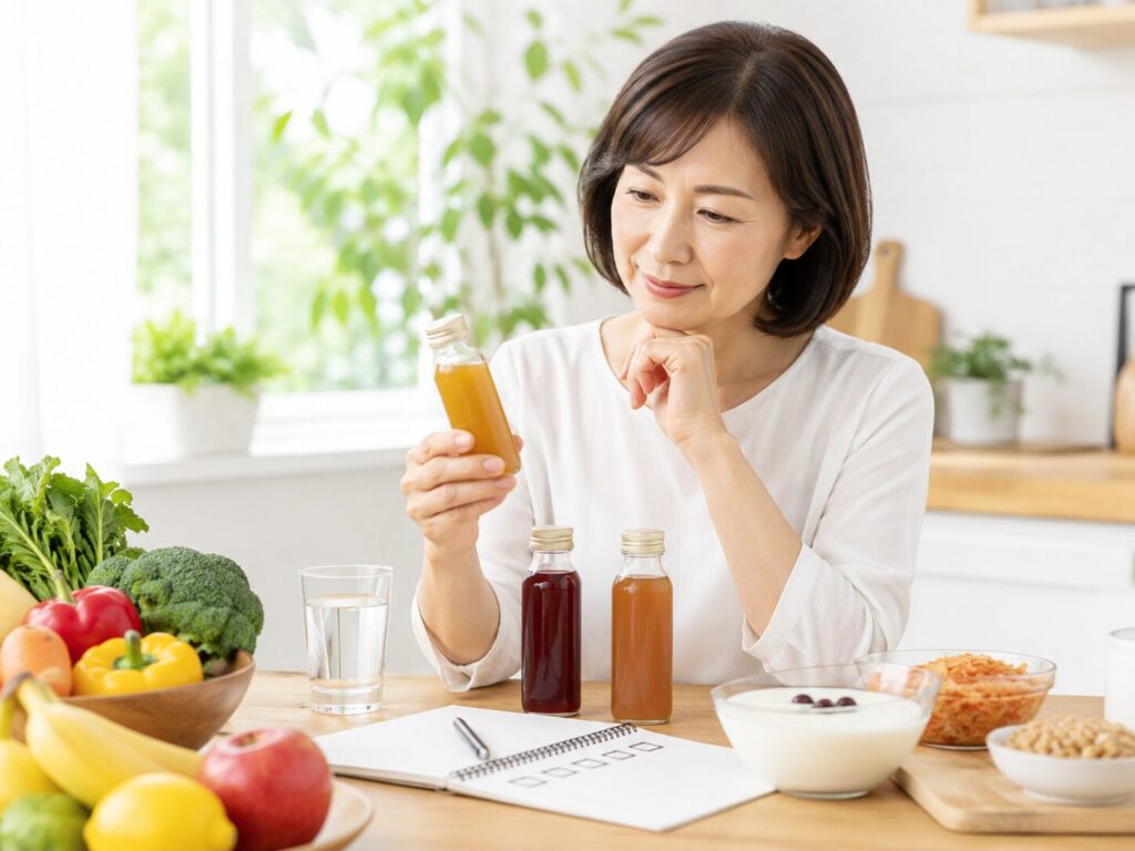 腸活目的で酵素ドリンクを選んでいる中高年女性