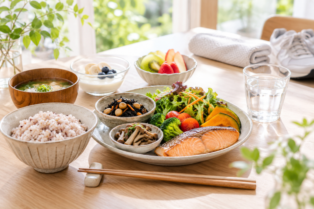 腸活を支えるバランスのよい食事と水分、運動習慣のイメージ