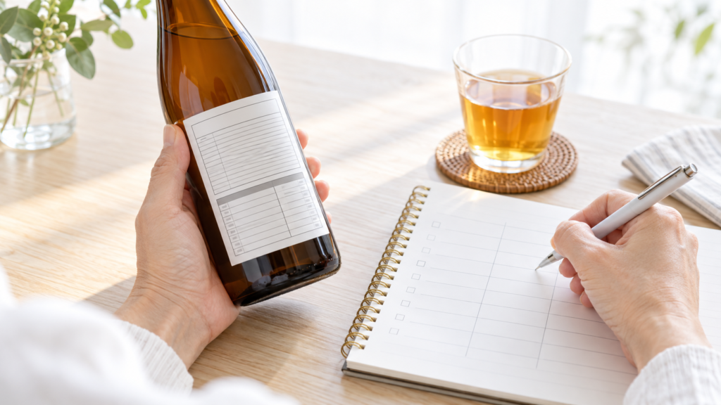 酵素ドリンクの原材料・栄養成分表示を確認してメモする様子