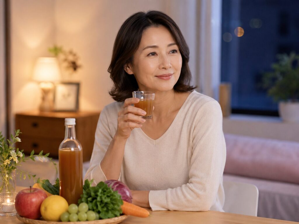 中高年の睡眠の質を改善するには?疲れを残さない体づくりと快眠習慣 6 酵素のちから 酵素ドリンクを飲んでいる女性