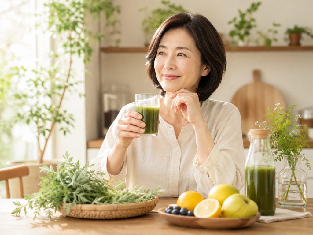 腸活によもぎ酵素ドリンクを取り入れている中高年女性