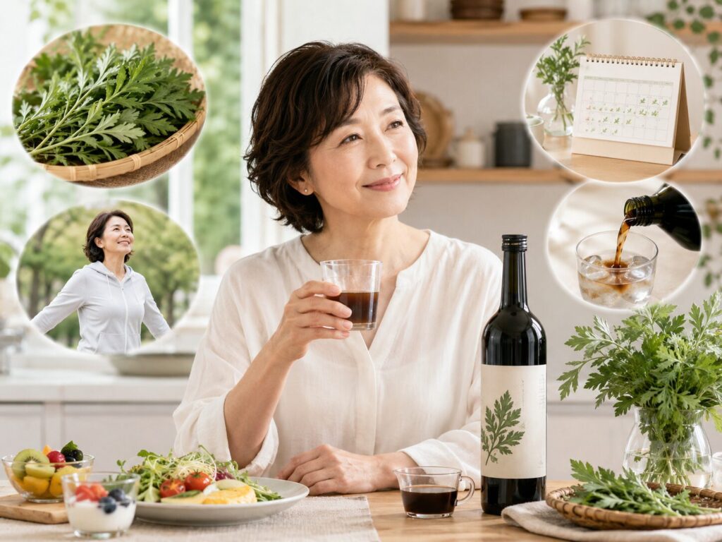 よもぎ酵素ドリンクを飲む中高年女性