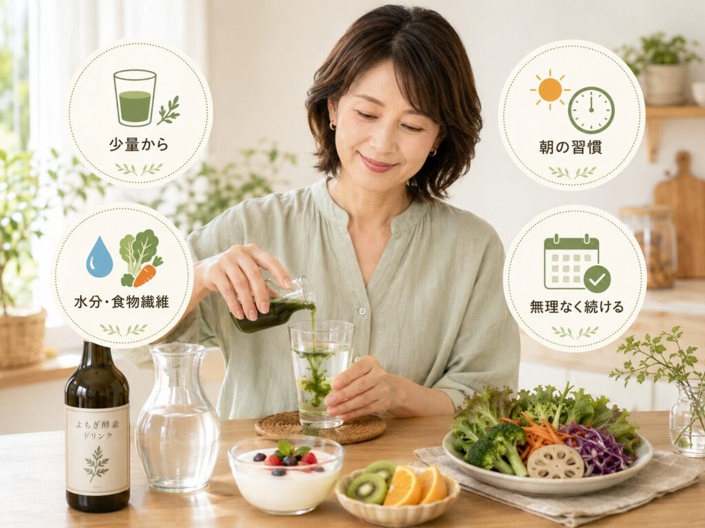 腸活によもぎ酵素ドリンクを取り入れている中高年女性