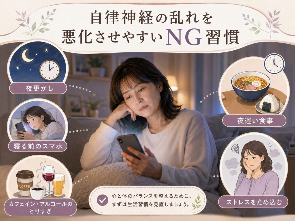 中高年の自律神経が乱れる原因とは?疲れやすい・眠れないを整える5つの習慣 6 酵素のちから 自律神経の乱れを悪化させやすいNG習慣