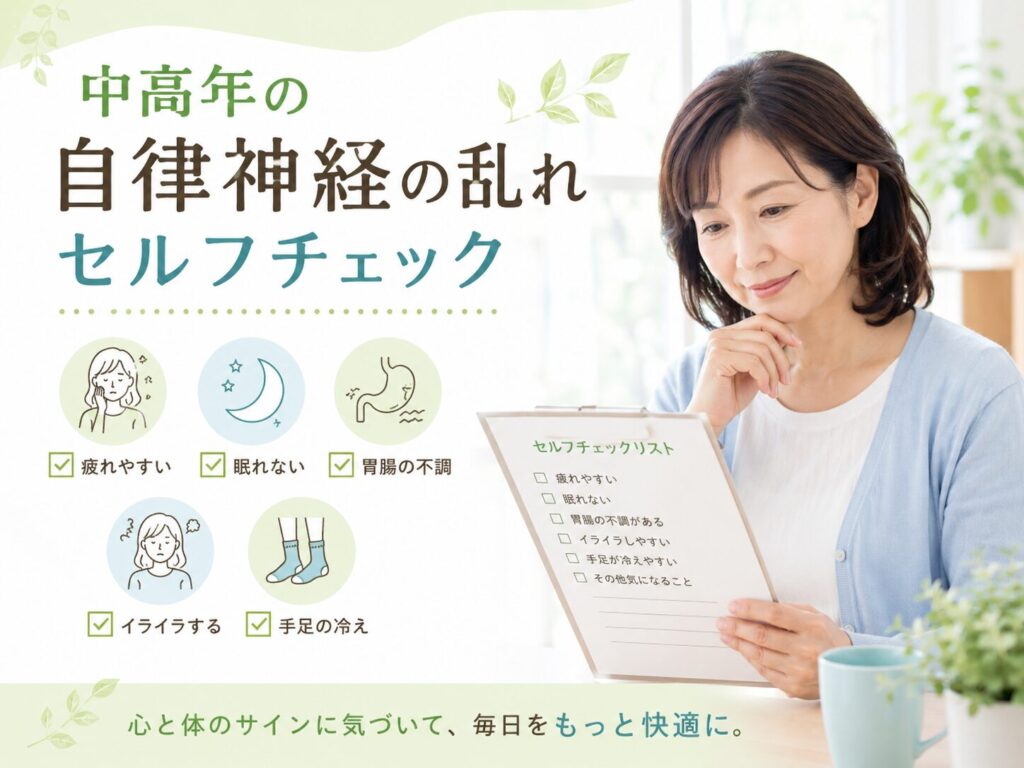 中高年の自律神経が乱れる原因とは?疲れやすい・眠れないを整える5つの習慣 4 酵素のちから 自律神経の乱れをチェックする中高年女性