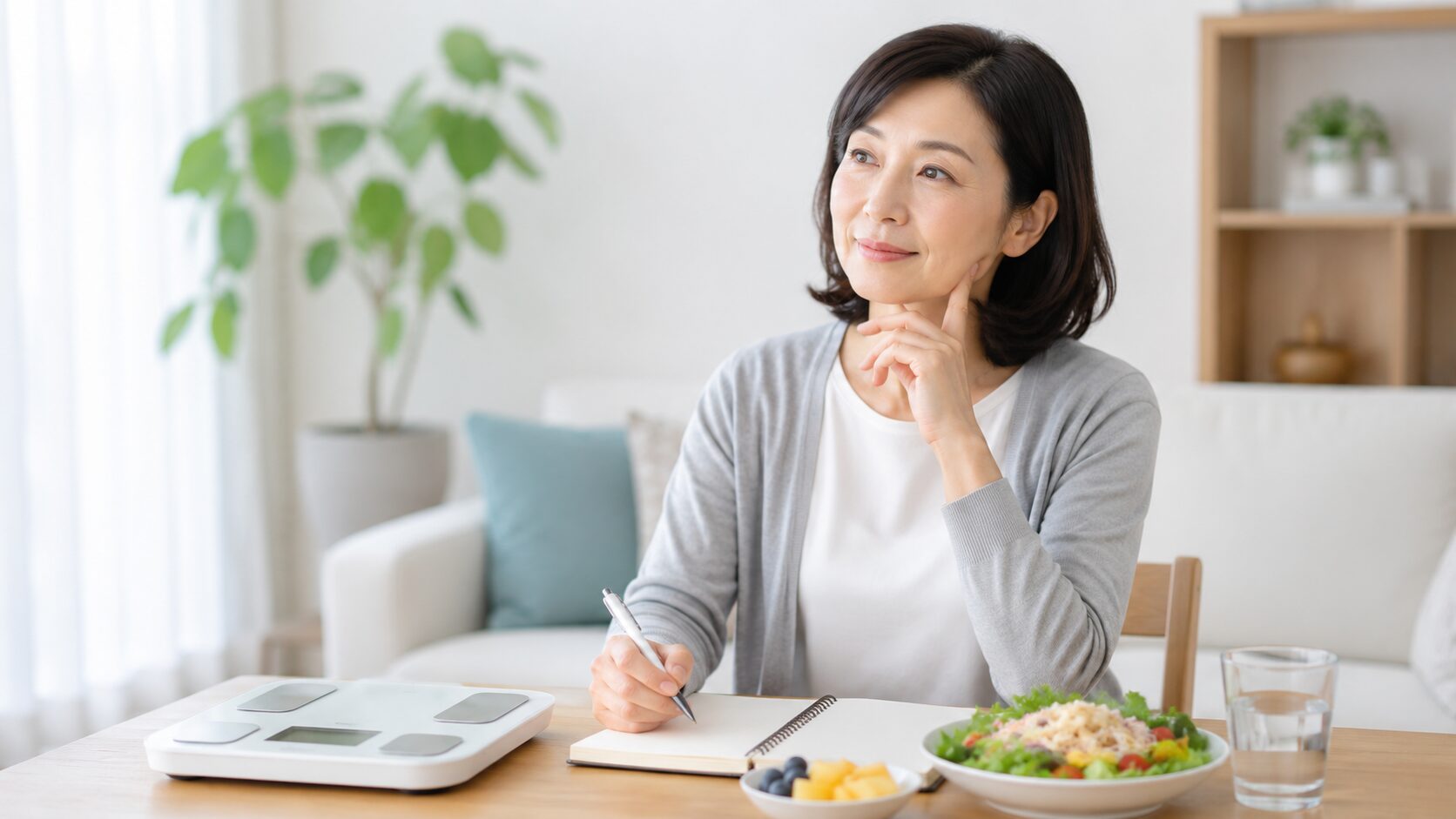 体重計や食事を見ながら、ダイエットしても痩せない理由を考える中高年女性