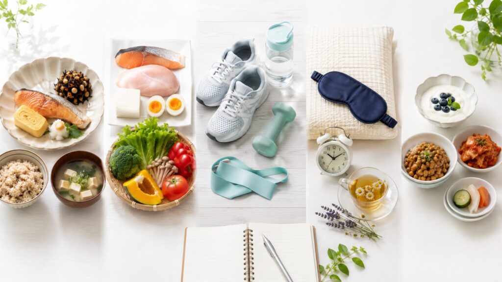 中高年のダイエット習慣を表す食事・運動・睡眠・発酵食品のイメージ