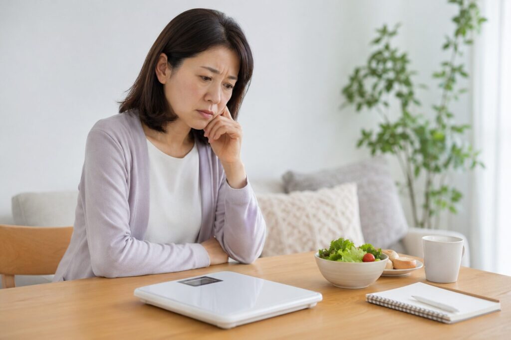 体重計と食事を前に痩せない理由を考える中高年女性