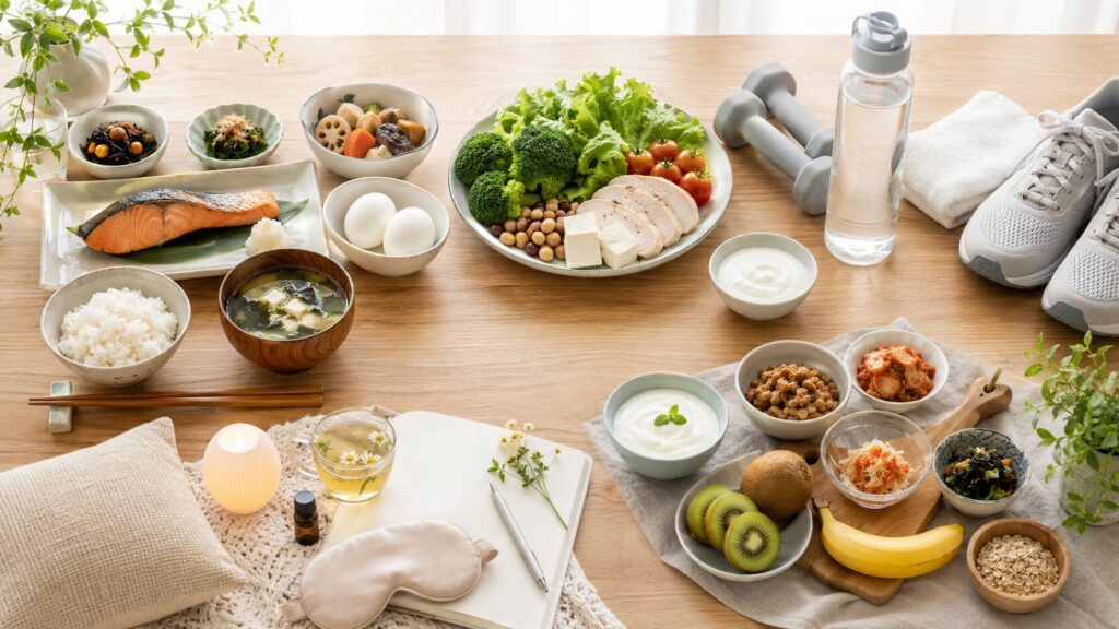 40代・50代のダイエット習慣を表す食事と運動のイメージ