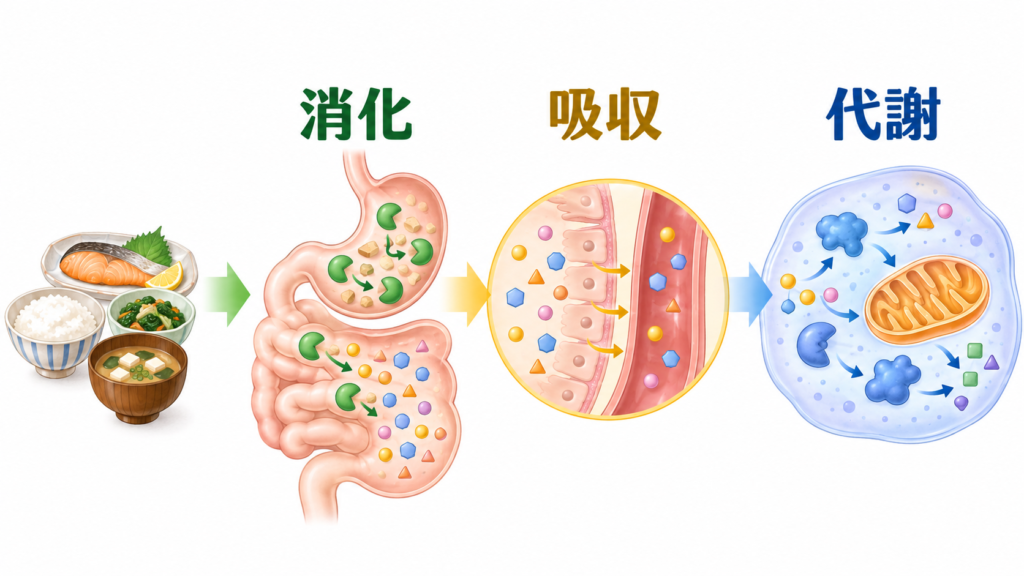 食べ物が消化・吸収され、栄養素が細胞内の代謝反応で利用される流れ