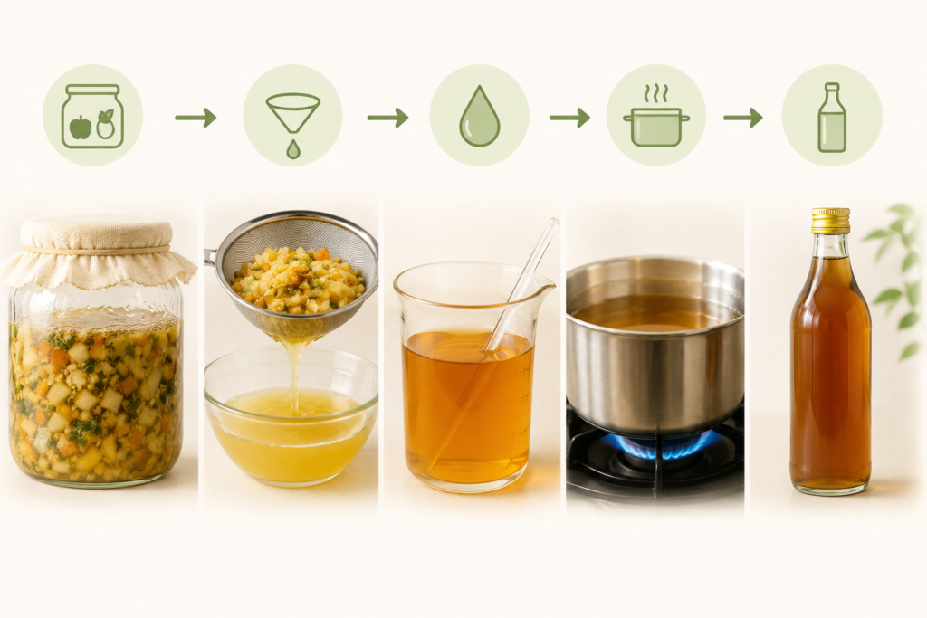 酵素ドリンクはどうやって作られる?発酵・熟成から完成までの流れをわかりやすく解説 6 酵素のちから 発酵・熟成後の酵素ドリンクが、ろ過・調整・加熱を経て完成する流れを示す図