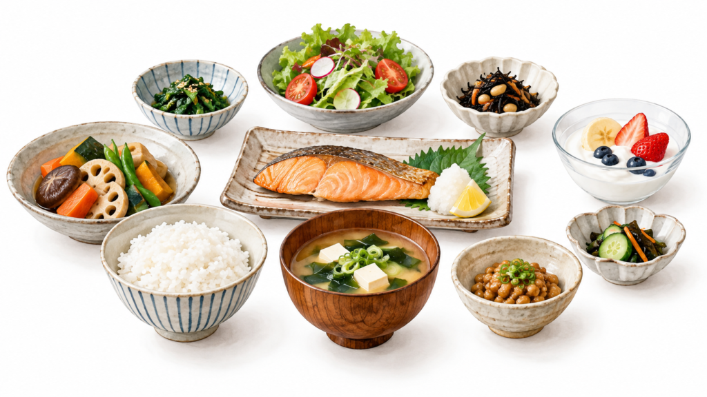 納豆や味噌、ヨーグルトなどの発酵食品を取り入れたバランスのよい食事