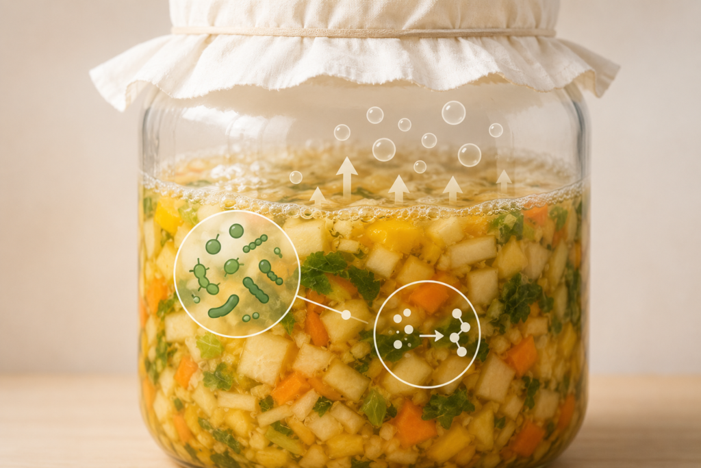 酵素ドリンクはどうやって作られる?発酵・熟成から完成までの流れをわかりやすく解説 4 酵素のちから 酵素ドリンクの発酵工程で微生物が働く様子を示すイメージ