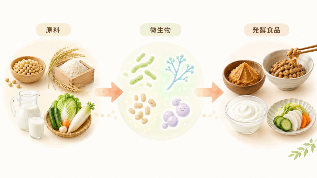 原料が微生物の働きで発酵食品になる流れを示す図