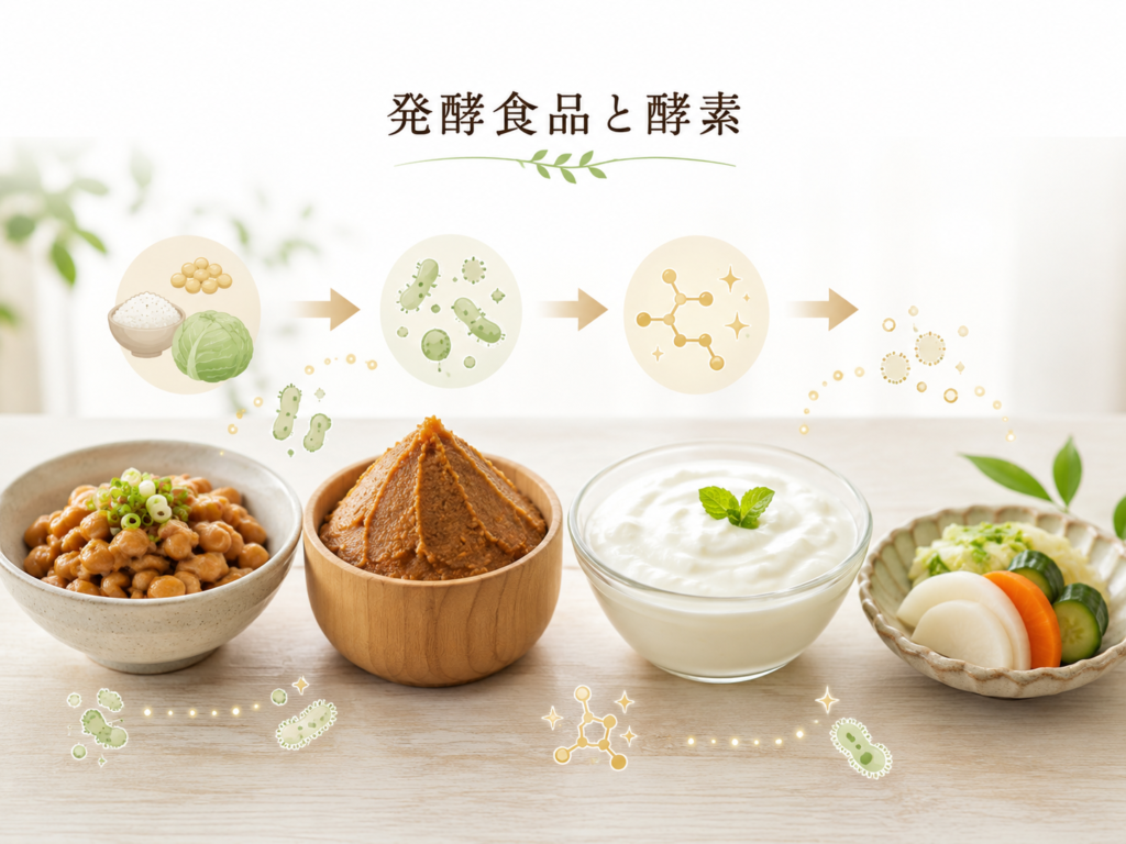 発酵食品と酵素の関係を示すイメージ