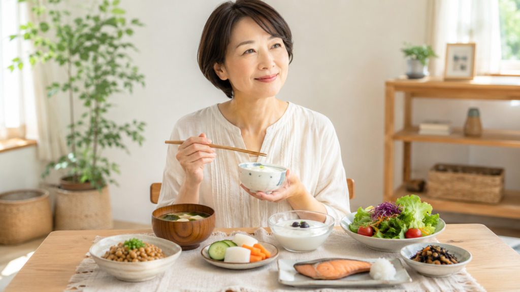 発酵食品を取り入れたバランスのよい食事を楽しむ中高年女性