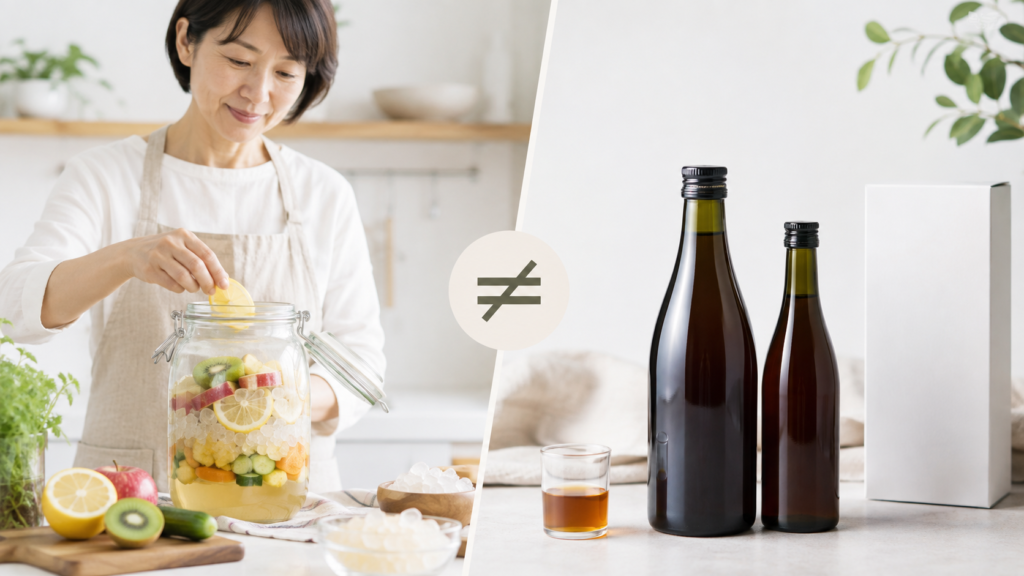 酵素ドリンクはどうやって作られる?発酵・熟成から完成までの流れをわかりやすく解説 10 酵素のちから 手作りの酵素ドリンクと市販の酵素ドリンクの違いを示すイメージ