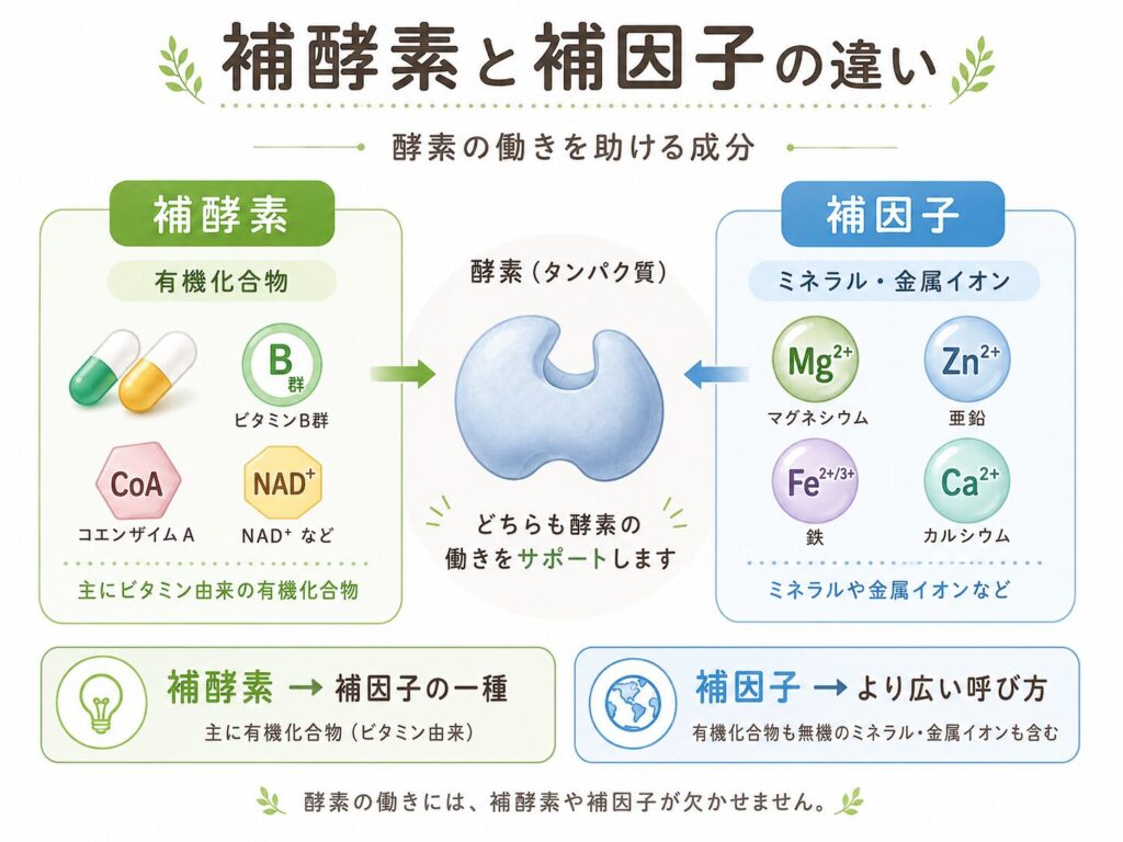 補酵素とは?酵素との違い・種類とビタミンとの関係をわかりやすく解説 4 酵素のちから 補酵素と補因子の違いを示す図