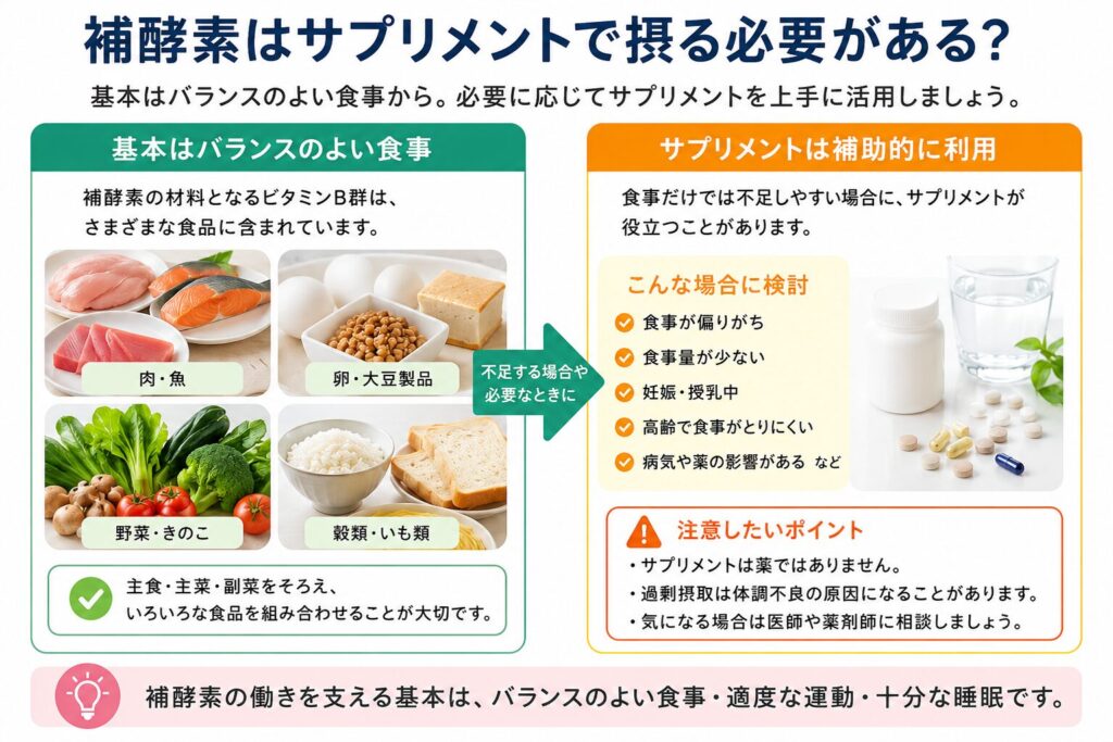 補酵素とは?酵素との違い・種類とビタミンとの関係をわかりやすく解説 9 酵素のちから 補酵素の材料は食事を基本とし、サプリメントは補助的に利用することを示す図