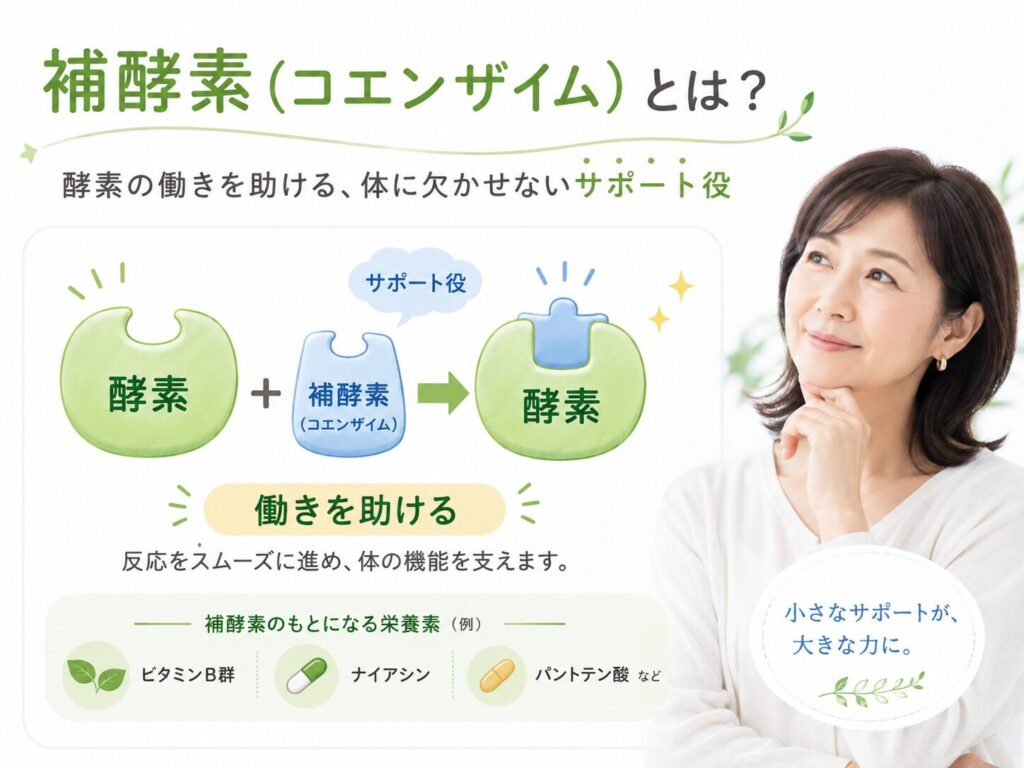 補酵素とは?酵素との違い・種類とビタミンとの関係をわかりやすく解説 2 酵素のちから 補酵素の働きと酵素との関係を示す図