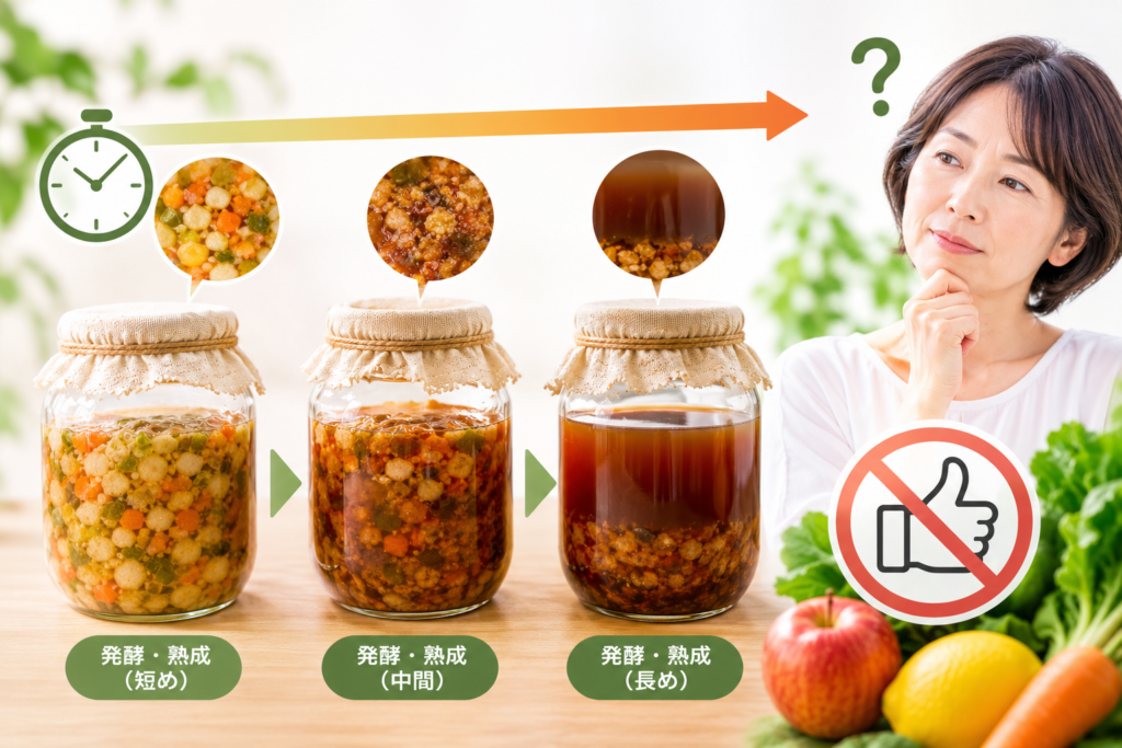 酵素ドリンクはどうやって作られる?発酵・熟成から完成までの流れをわかりやすく解説 9 酵素のちから 発酵・熟成期間が長いほどよいとは限らないことを示すイメージ