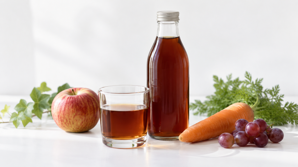 食物酵素とは?体内酵素との違いと食品に含まれる酵素の働きを解説 9 酵素のちから ラベルのない飲料の瓶とグラスを、りんご・にんじん・ぶどうと並べたイメージ