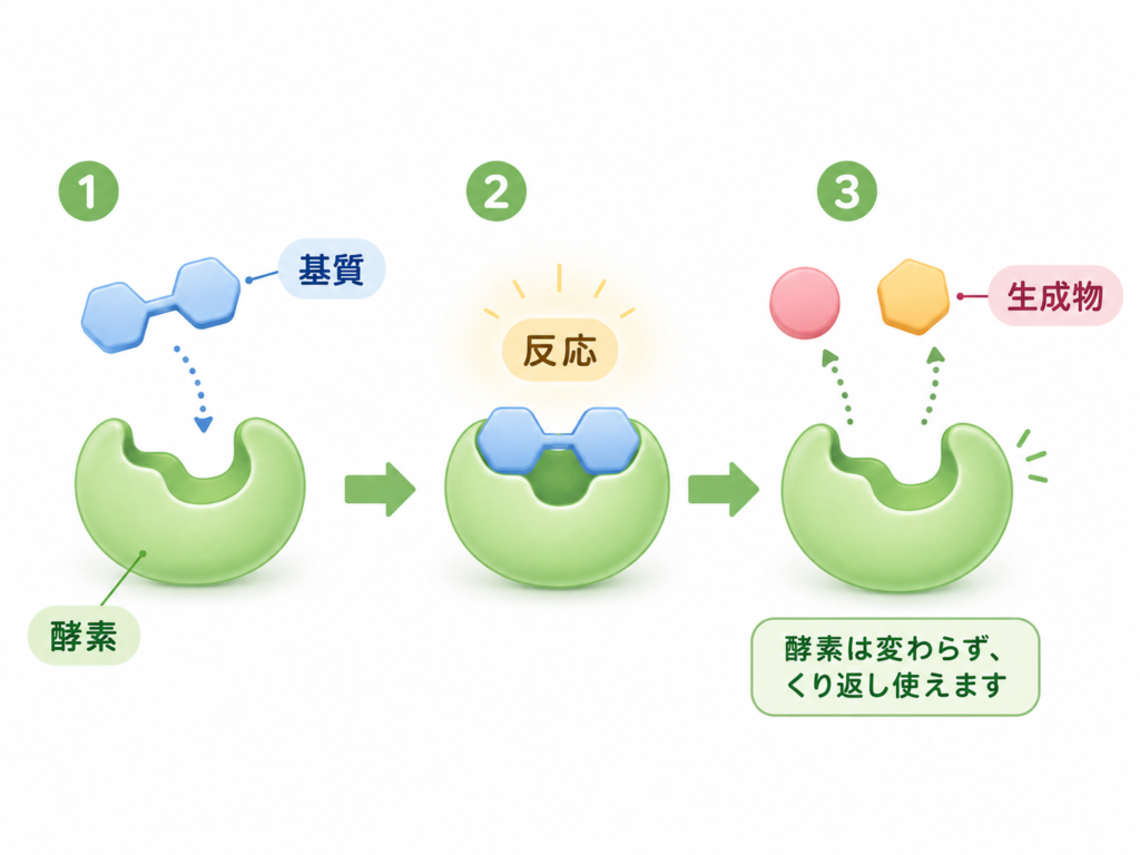 酵素が基質と結びつき、反応後に生成物を作る流れを示した3ステップ図