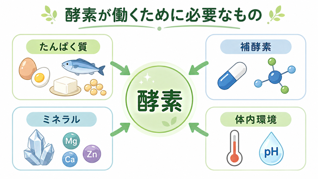 酵素が働くために必要なたんぱく質・補酵素・ミネラル・体内環境を示す図