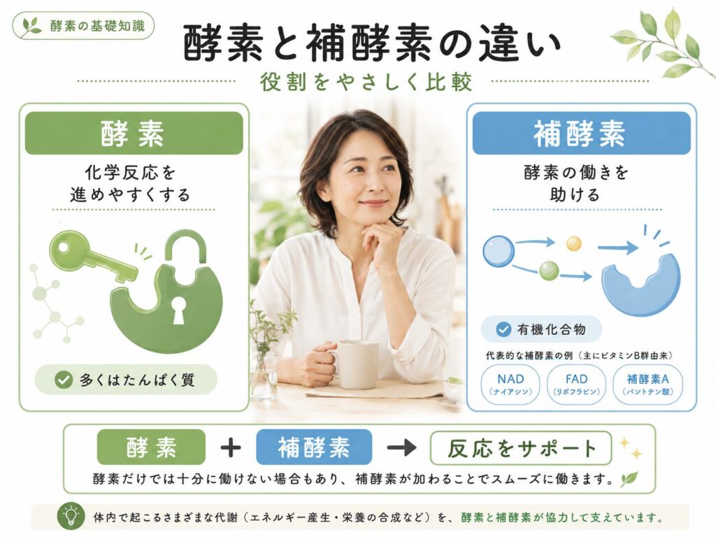 補酵素とは?酵素との違い・種類とビタミンとの関係をわかりやすく解説 3 酵素のちから 酵素と補酵素の違いを示す図
