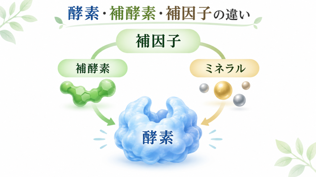 補酵素とは?酵素との違い・種類とビタミンとの関係をわかりやすく解説 3 酵素のちから 酵素を助ける補因子が補酵素とミネラルに分かれる関係を示す図