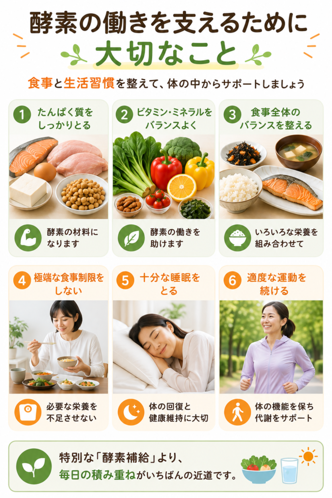 酵素の働きを支えるために意識したい食事・睡眠・運動の生活習慣