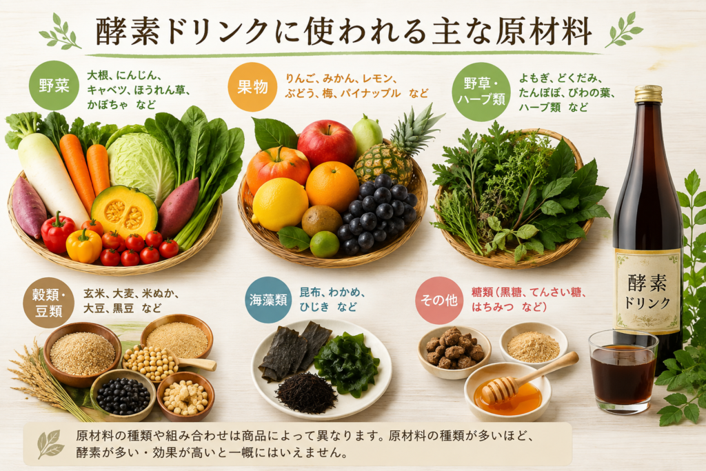 酵素ドリンクはどうやって作られる?発酵・熟成から完成までの流れをわかりやすく解説 3 酵素のちから 酵素ドリンクに使われる野菜・果物・野草・穀類・海藻などの主な原材料