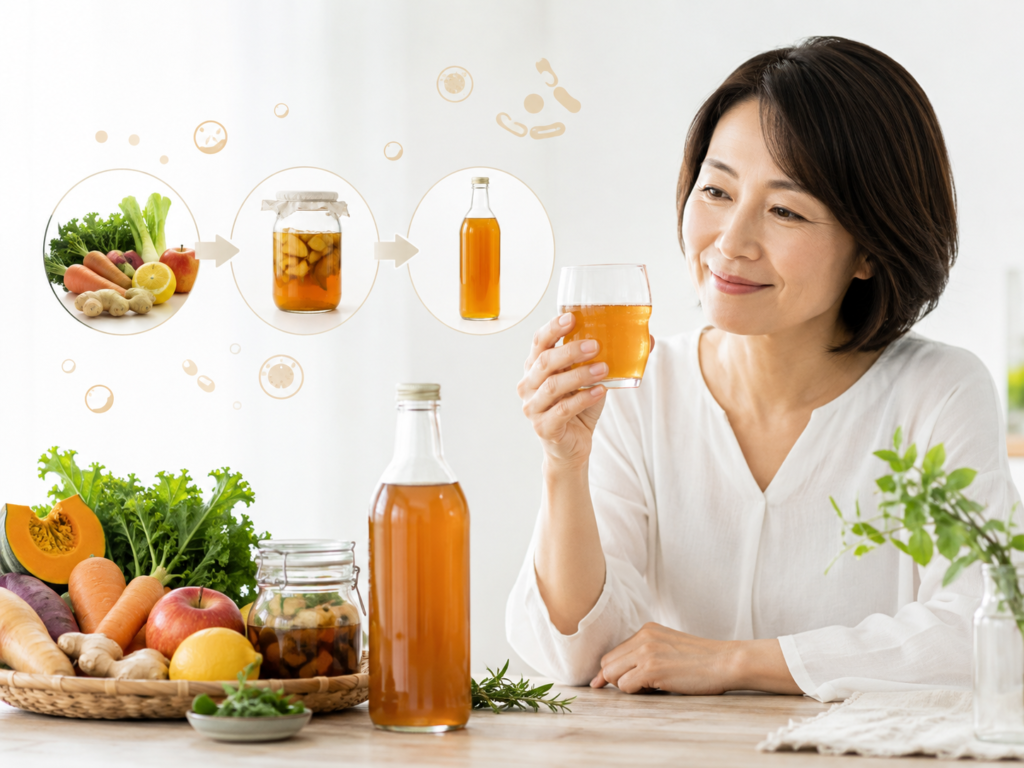 野菜や果物を発酵・熟成して作る酵素ドリンクのイメージ