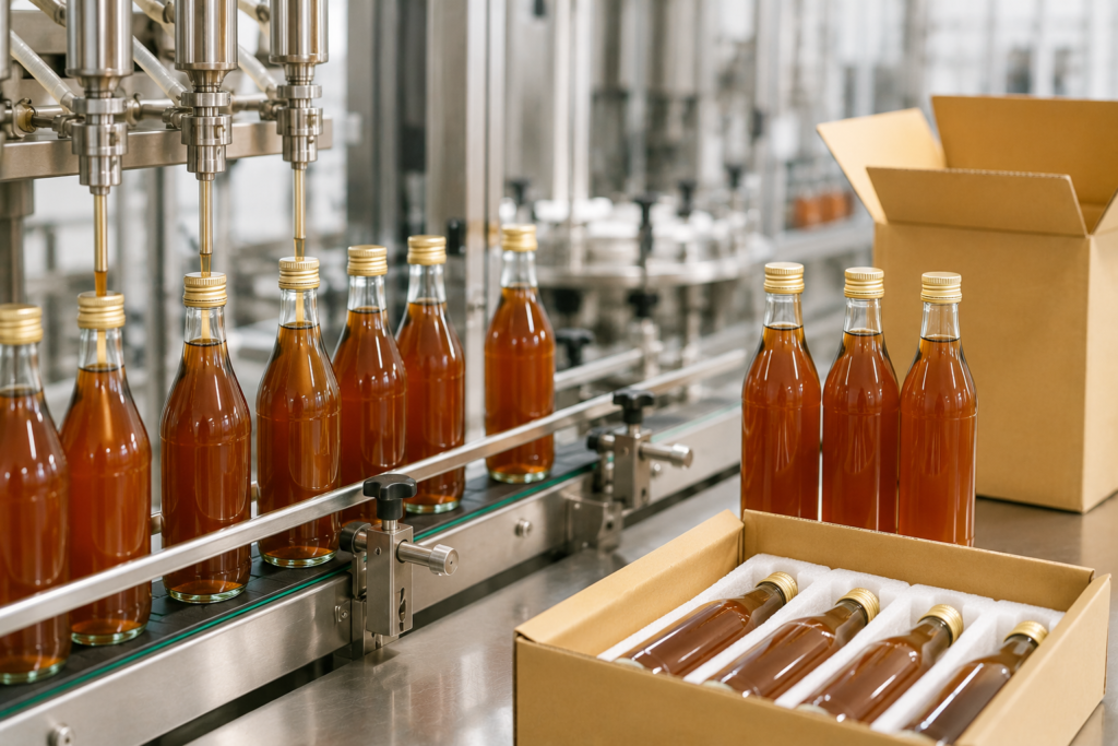 酵素ドリンクはどうやって作られる?発酵・熟成から完成までの流れをわかりやすく解説 8 酵素のちから 酵素ドリンクがボトルに充填・包装される様子