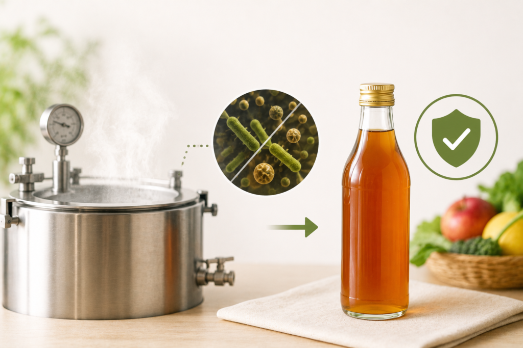 酵素ドリンクはどうやって作られる?発酵・熟成から完成までの流れをわかりやすく解説 7 酵素のちから 酵素ドリンクを加熱・殺菌して微生物を抑え、品質を保つ工程を示すイメージ