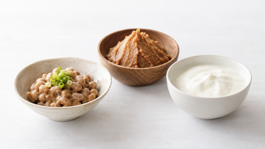 食物酵素とは?体内酵素との違いと食品に含まれる酵素の働きを解説 8 酵素のちから 納豆・味噌・ヨーグルトを並べた発酵食品のイメージ