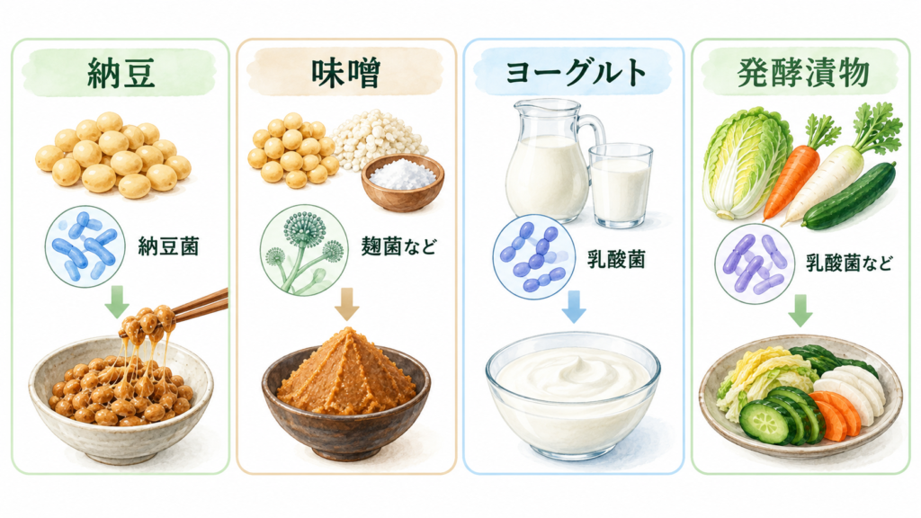 納豆・味噌・ヨーグルト・発酵漬物の原料と主に関わる微生物を示した図