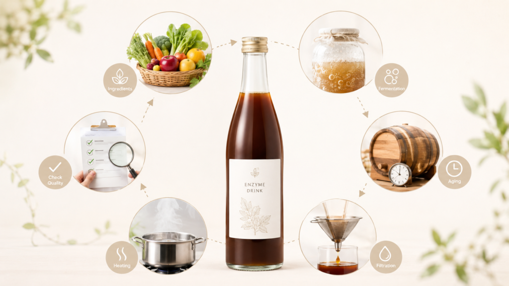 酵素ドリンクはどうやって作られる?発酵・熟成から完成までの流れをわかりやすく解説 11 酵素のちから 酵素ドリンクの原材料・発酵・熟成・ろ過など製造方法を見るポイントを示すイメージ