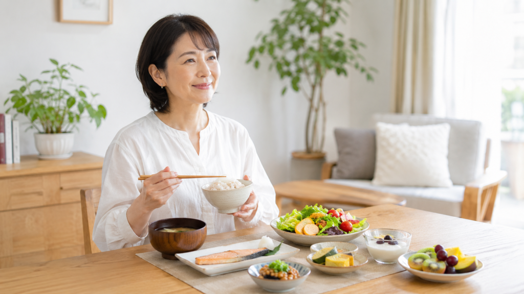 発酵食品を取り入れたバランスのよい食事を楽しむ40代・50代女性
