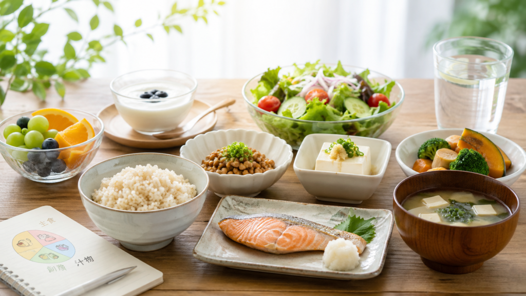 食物酵素だけに偏らず、栄養バランスを意識した食事のイメージ