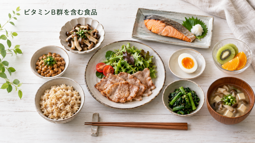 補酵素とは?酵素との違い・種類とビタミンとの関係をわかりやすく解説 6 酵素のちから ビタミンB群を含む魚・豚肉・卵・大豆製品・野菜・玄米を組み合わせた食事