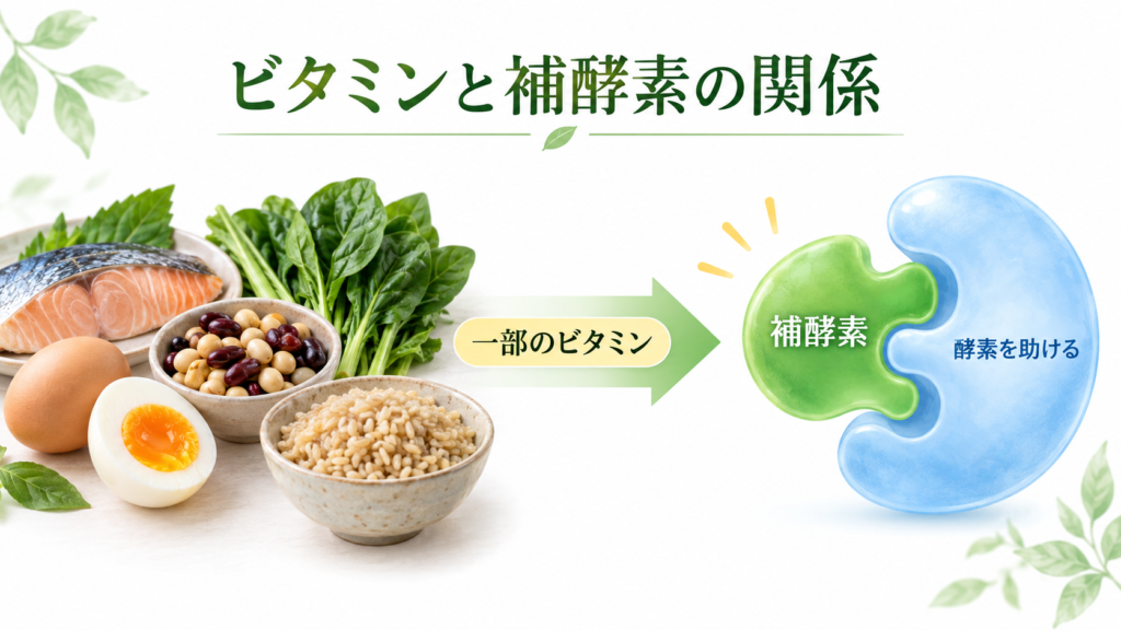 補酵素とは?酵素との違い・種類とビタミンとの関係をわかりやすく解説 5 酵素のちから 食品に含まれる一部のビタミンが補酵素の材料となり酵素を助ける関係
