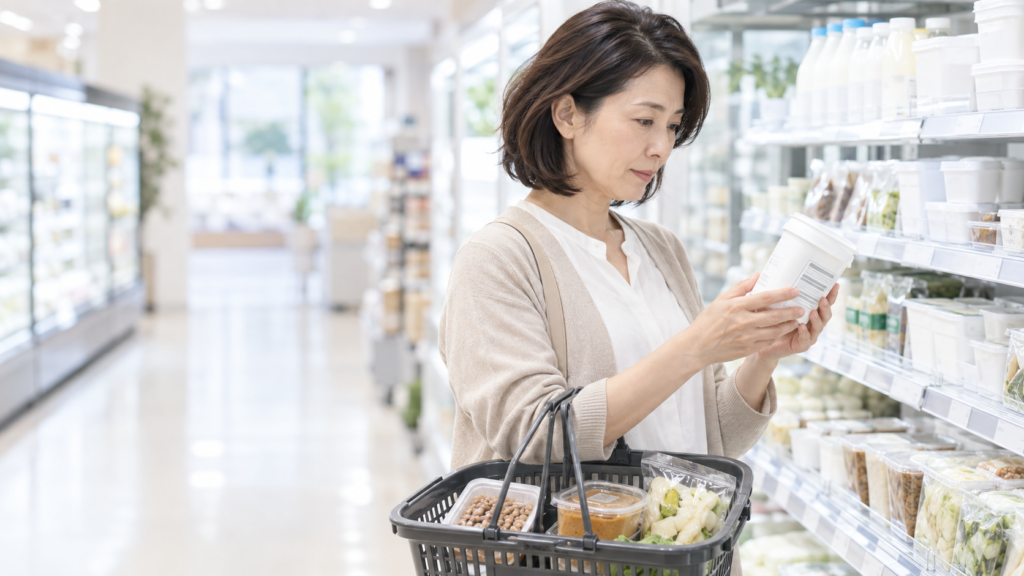発酵食品の栄養成分や原材料の表示を確認して選ぶ女性