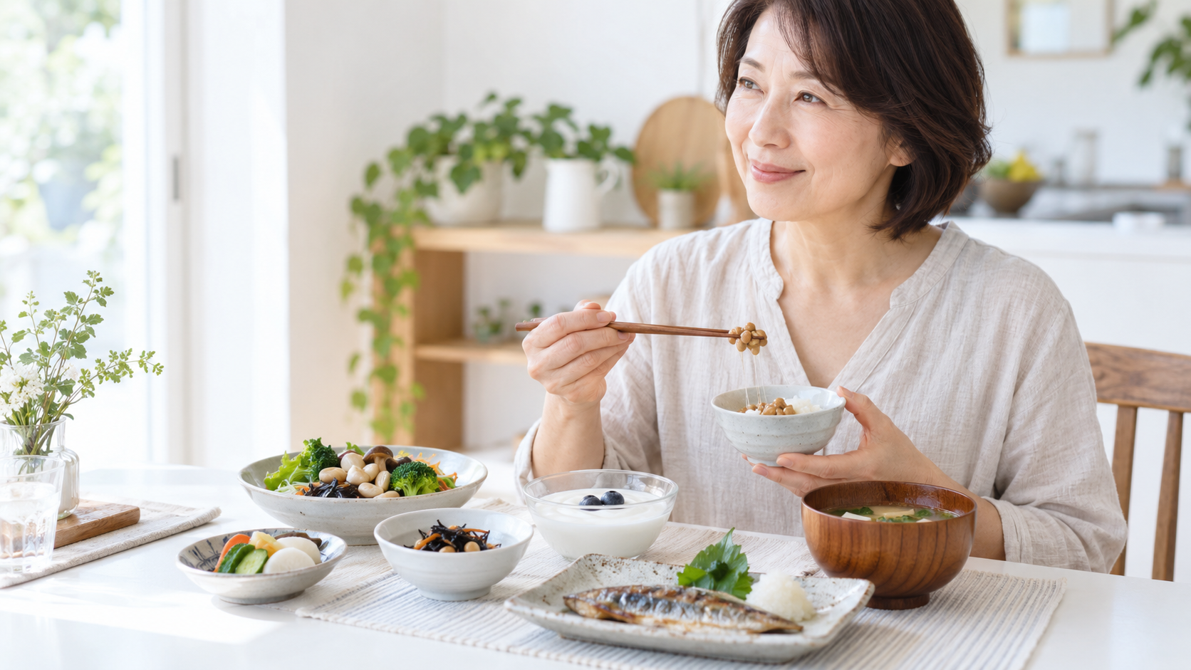 納豆やヨーグルト、味噌汁などの発酵食品を食事に取り入れる女性
