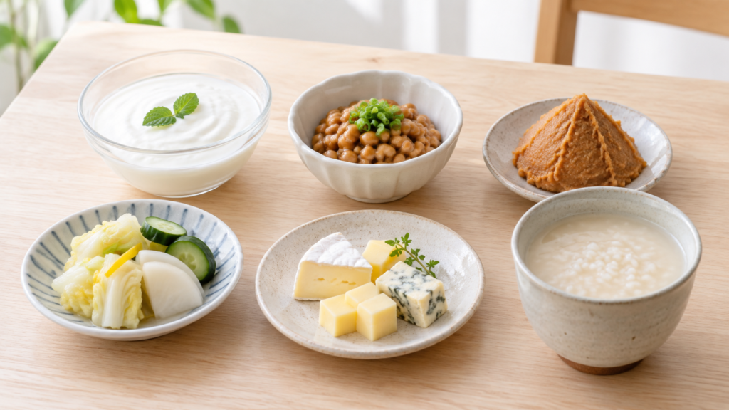 腸活に取り入れやすいヨーグルト、納豆、味噌、発酵漬物、チーズ、甘酒