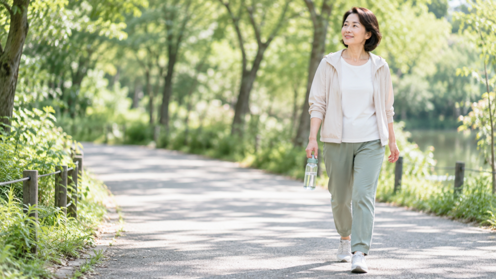 腸活習慣としてウォーキングと水分補給を続ける女性