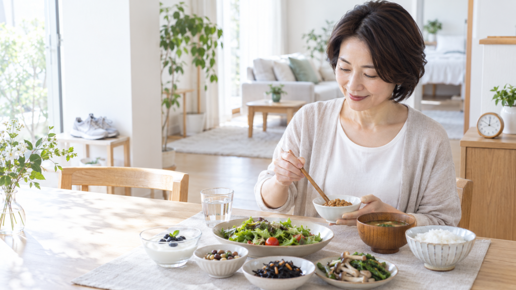 発酵食品や食物繊維を含む食事を取り入れ、腸活を続ける女性