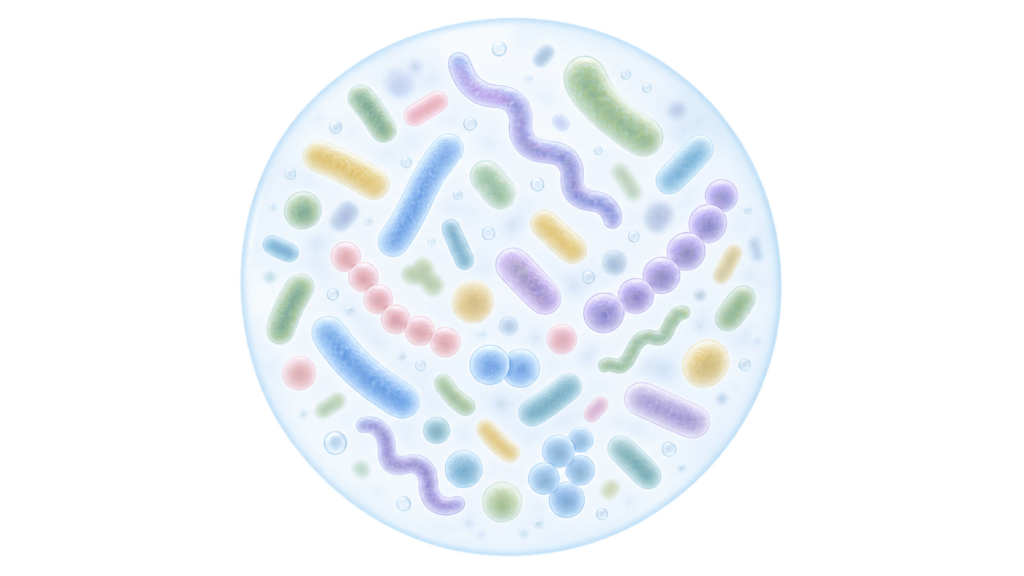 腸内にすむ多種多様な細菌の形を表したイラスト