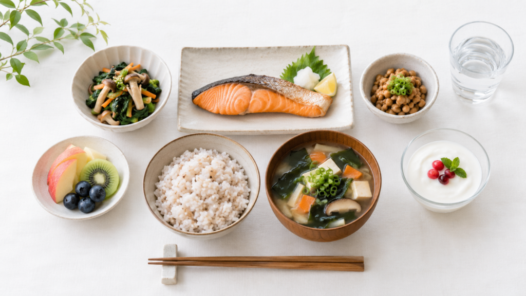 腸内環境を支える食物繊維や発酵食品を含むバランスのよい食事